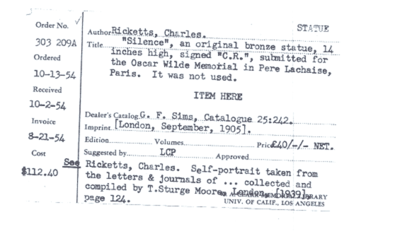 catalogue card for Ricketts' Silence