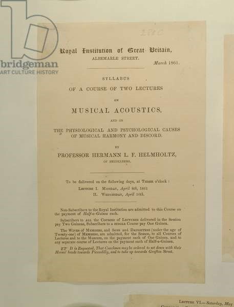 Advertisement for Professor Hermann von Helmholtz’s Lectures on Acoustics 1861 Picture of Advertisement for Professor Hermann von Helmholtz’s Lectures on Acoustics, 1861