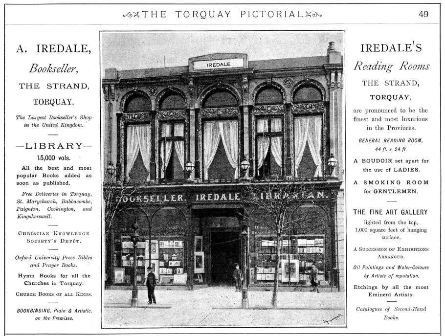 Photograph of Iredale's Library in center, with descriptions either side