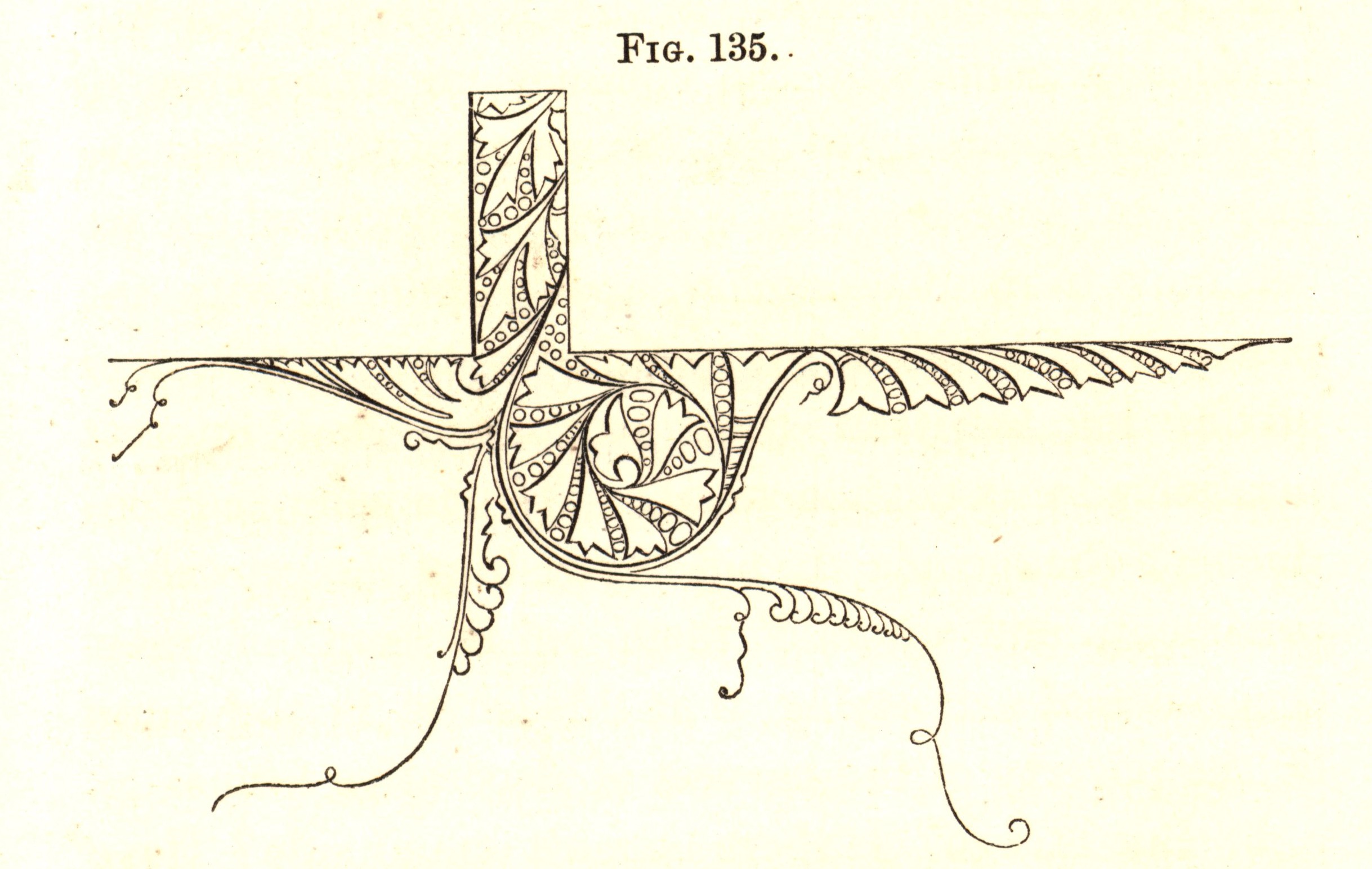 Figure 11. Dresser, an ornament that “may justly be said to embody two natural facts” about water’s behavior against a surface, the way it rebounds and the way it clings. Fig. 135 from _The Art of Decorative Design_. Courtesy of the Department of Special Collections, Stanford University Libraries.