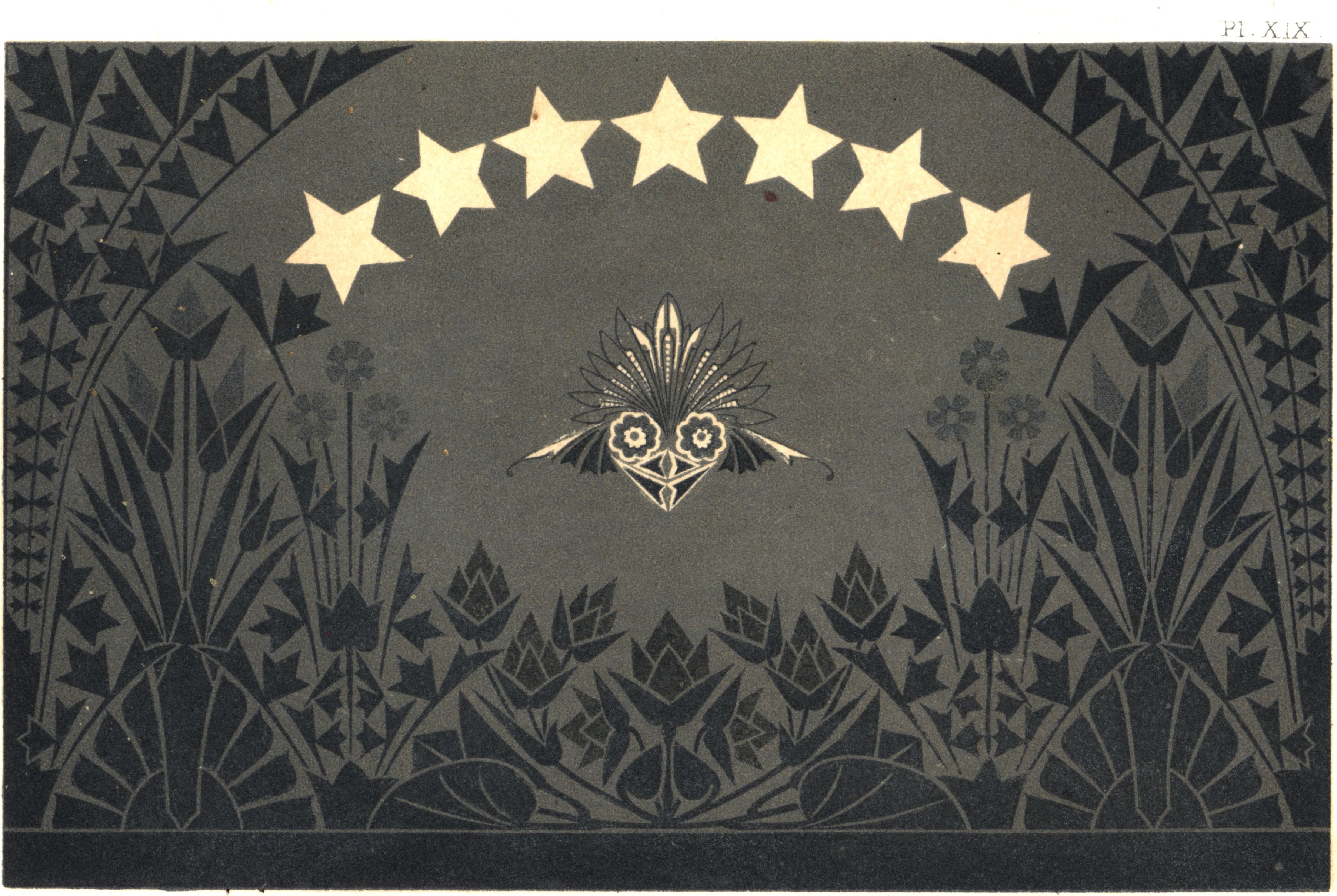 Figure 13. Dresser, “Evening” wallpaper pattern. Plate XVI from _The Art of Decorative Design_. Courtesy of the Department of Special Collections, Stanford University Libraries.