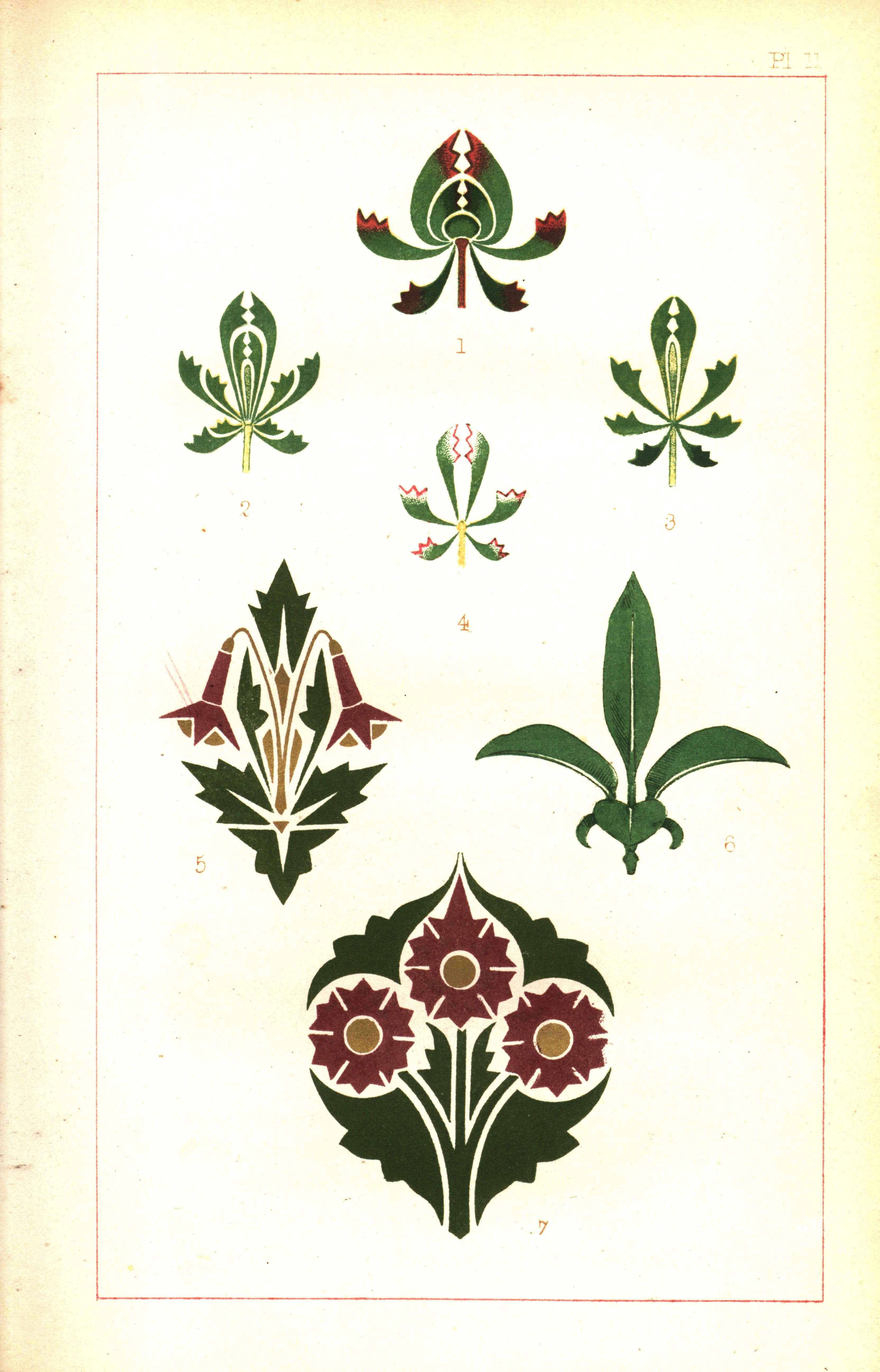 Figure 6. Ornamental motifs that evoke the “mental conception” of a leaf-bud. Plate II from Dresser, _The Art of Decorative Design_ (1862). Courtesy of the Department of Special Collections, Stanford University Libraries.