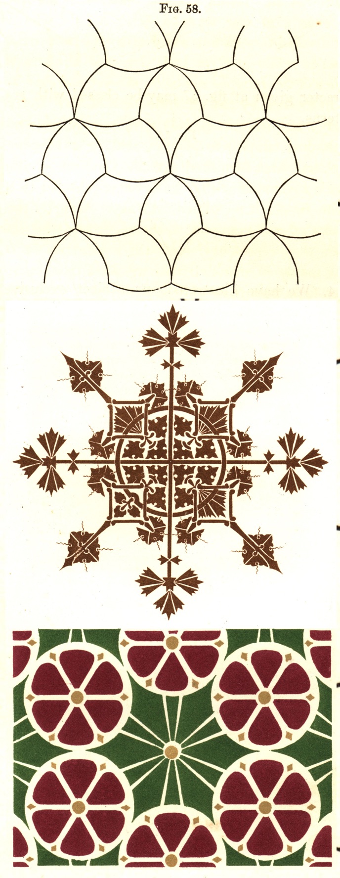 Figure 8. Dresser, ornamental patterns with radial symmetry, suitable for floors or ceilings. Fig. 57, Plate XVIII fig. 2, and Plate V fig. 3 from _The Art of Decorative Design_. Courtesy of the Department of Special Collections, Stanford University Libraries.