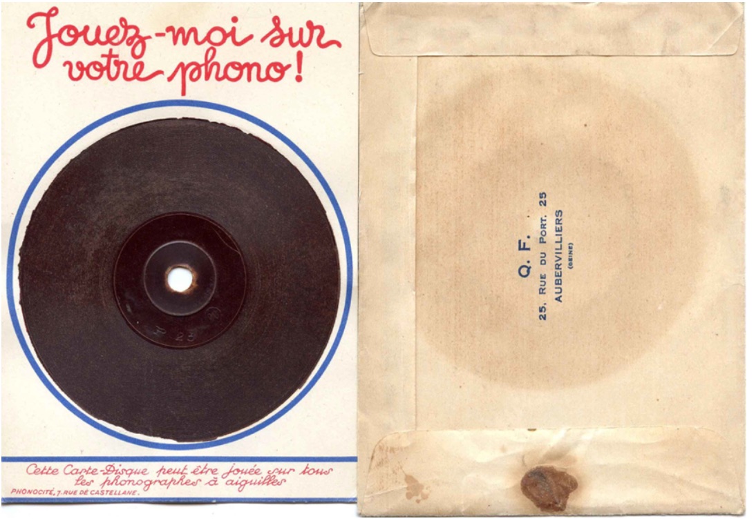 Figure 3. Image of _Carte Postale Parlante_, from Rainer E. Lotz, “Exploratory History of the Phono Postcard,” http://www.lotz-verlag.de/Online-Disco-Phonocards.html