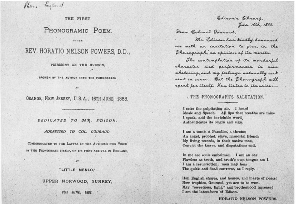 Figure 5: Horatio Nelson Powers. “Phonogram from Horatio Nelson Powers to George Edward Gouraud, Thomas Alva Edison, June 16th, 1888.” _Edison Papers Digital Edition_. 7 Nov. 2019.