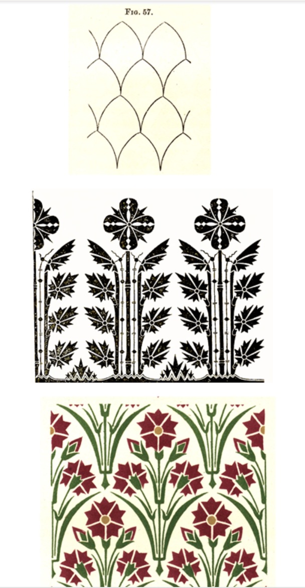 Figure 9. Dresser, ornamental patterns with bi-lateral symmetry, suitable for wall coverings. Fig. 57, Fig. 79, and Plate V fig. 2 from _The Art of Decorative Design_. Courtesy of the Department of Special Collections, Stanford University Libraries.
