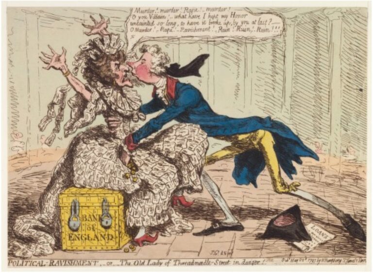 Figure 3. James Gillray. "Political Ravishment, or The Old Lady of Threadneedle-street in Danger!” 1797. Wikimedia Commons.